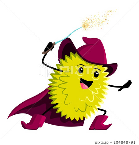 Cartoon tropical jack fruit or durian wizard, mage, warlock or magician character. Funny vector sorcerer, magic personage in purple hat and cape. Smiling wiz, fresh juicy enchanter or necromancer Cartoon tropical jack fruit or durian wizard, mage, warlock or magician character. Funny vector sorcerer, magic personage in purple hat and cape. Smiling wiz, fresh juicy enchanter or necromancer 104848791
