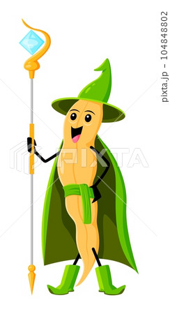 Cartoon soy bean pod mage character. Isolated vector funny Halloween legume veg, blithe wizard with magic staff ready to cast sorcery spell. Comic Hallowmas joyous vegetable personage in green cape Cartoon soy bean pod mage character. Isolated vector funny Halloween legume veg, blithe wizard with magic staff ready to cast sorcery spell. Comic Hallowmas joyous vegetable personage in green cape 104848802