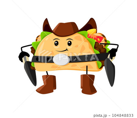 Cartoon taco cowboy, sheriff, bandit and robber or ranger tex mex mexican food character. Isolated vector rugged and daring Wild West personage wear hat and boots, armed with guns ready for adventure Cartoon taco cowboy, sheriff, bandit and robber or ranger tex mex mexican food character. Isolated vector rugged and daring Wild West personage wear hat and boots, armed with guns ready for adventure 104848833