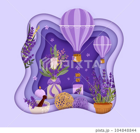 Lavender paper cut banner with hot air balloon and cosmetics. Vector bouquets of purple lavender flowers, provence herbs and plants in lilac frame of 3d wavy layers with candle and essential oil Lavender paper cut banner with hot air balloon and cosmetics. Vector bouquets of purple lavender flowers, provence herbs and plants in lilac frame of 3d wavy layers with candle and essential oil 104848844