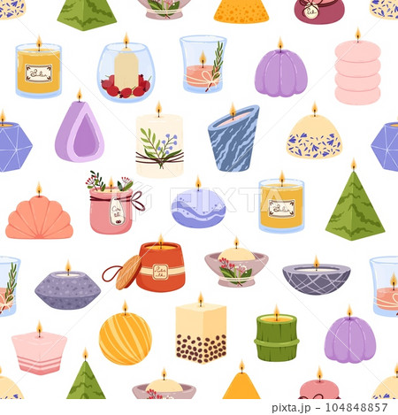 Aromatic SPA candles, seamless pattern background, vector aroma scented lights. SPA candles and aromatherapy tealights and candlesticks pattern of aroma wax candles and fragrance candlelight Aromatic SPA candles, seamless pattern background, vector aroma scented lights. SPA candles and aromatherapy tealights and candlesticks pattern of aroma wax candles and fragrance candlelight 104848857