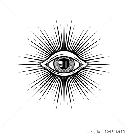 Sacred geometry illuminati eye with sun rays, occultism religion spiritual talisman. Vintage mystic tattoo providence sign Sacred geometry illuminati eye with sun rays, occultism religion spiritual talisman. Vintage mystic tattoo providence sign 104848936