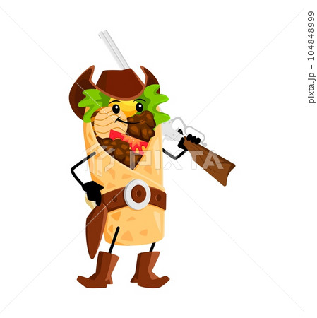Cartoon fast food shawarma cowboy character. Street food restaurant meal Texas bandit cute personage, shawarma Wild West cheerful ranger or cowboy isolated vector happy mascot posing with rifle Cartoon fast food shawarma cowboy character. Street food restaurant meal Texas bandit cute personage, shawarma Wild West cheerful ranger or cowboy isolated vector happy mascot posing with rifle 104848999