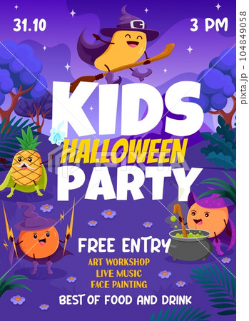 Halloween holiday kids party flyer. Cartoon fruit wizards and mages on night party. Vector invitation poster with cute mango on broom, peach with pot, pineapple and orange casting spell at coven 104849058