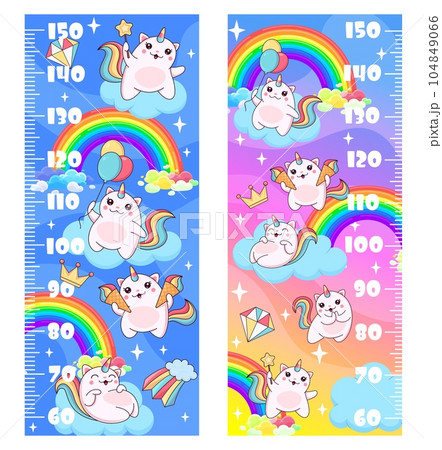 Kids height chart ruler with magic caticorn cat and kitten characters. Vector growth meter, wall sticker scale for children height measurement with cartoon heavenly feline unicorn fantasy personages Kids height chart ruler with magic caticorn cat and kitten characters. Vector growth meter, wall sticker scale for children height measurement with cartoon heavenly feline unicorn fantasy personages 104849066