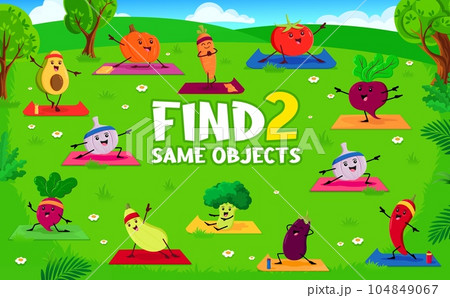 Find two same funny vegetable on yoga sport kids vector game worksheet with avocado, pumpkin, carrot, tomato and beetroot. Garlic, chili pepper, eggplant and squash with broccoli and radish characters 104849067