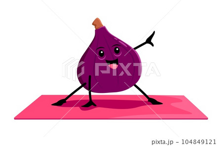Cartoon figs fruit character on yoga or pilates fitness sport. Vector funny comic personage, cute tropical fruit stand in yogi pose practicing stretching class or health care practice in gym 104849121