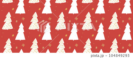 Christmas tree pattern, seamless background for wrapping paper, hand drawn spruces and snowflakes on red 104849293