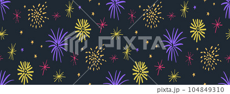 Fireworks pattern, seamless texture. Celebration horizontal banner. Vector illustration, win Fireworks pattern, seamless texture. Celebration horizontal banner. Vector illustration, win 104849310