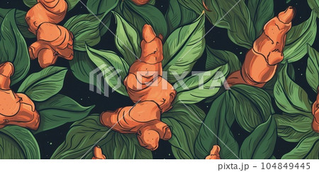 Aromatic Ginger Spice Cartoon Horizontal Background Illustration. Healthy Vegetarian Diet. Ai Generated Drawning Background Illustration with Delicious Flavory Ginger Spice. 104849445