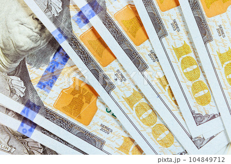 Closeup shot design details on front side one hundred dollar money which is part United States of America Banknotes 104849712