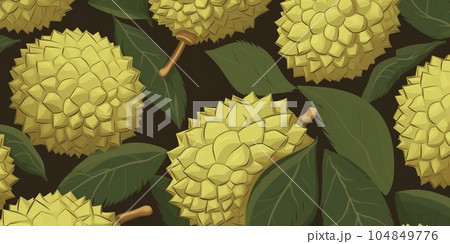 Fresh Organic Durian Fruit Cartoon Horizontal Background Illustration. Healthy Vegetarian Diet. Ai Generated Drawning Background Illustration with Delicious Juicy Durian Fruit. 104849776