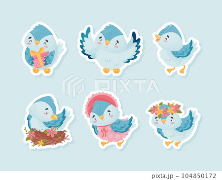 Cute Blue Bird with Wings and Beak Vector Sticker Set Cute Blue Bird with Wings and Beak Vector Sticker Set 104850172