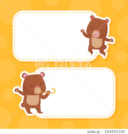 Empty Card with Cute Bear Animal Blowing Whistle and Jumping Vector Template 104850180
