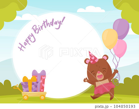 Happy Birthday Card with Cute Bear Animal Vector Template 104850193