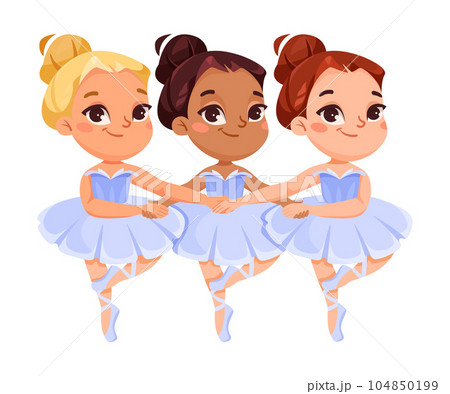 Cute Ballerina Girl in Blue Tutu Skirt and Pointe Shoes Dancing Ballet Vector Illustration 104850199