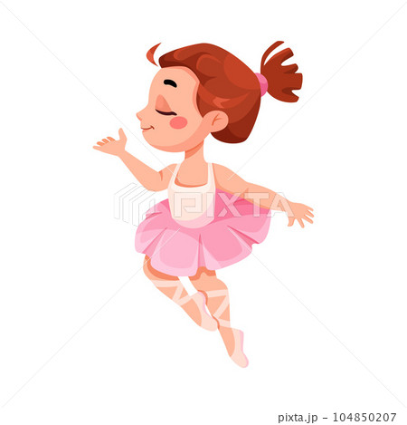 Cute Ballerina Girl in Pink Tutu Skirt and Pointe Shoes Dancing Ballet Vector Illustration 104850207