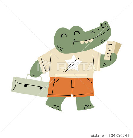 Funny Crocodile Traveler Character Walking with Trunk and Tickets Vector Illustration 104850241