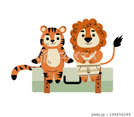 Funny Tiger and Lion Traveler Character Sitting on Trunk Vector Illustration 104850244