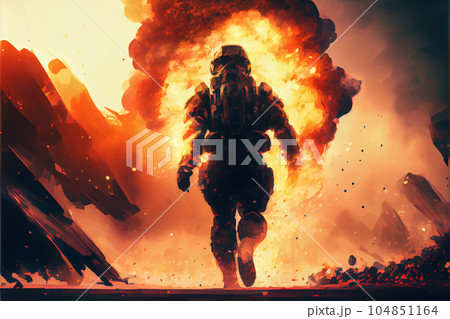 army soldier attacking in the smoke. Backlit silhouette, toned image. Army storm concept 104851164