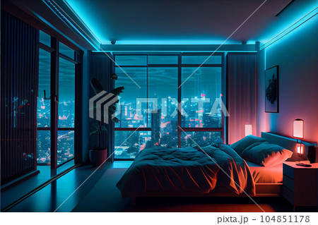 Modern bedroom interior with neon lights glowing ambient in the evening window city view 104851178