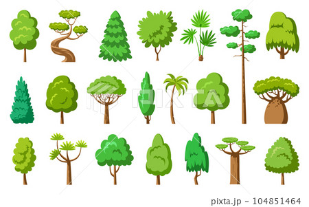 Flat tree set. Spruce maple baobab palm sequoia. Stylized eco plants side view. Dracaena willow cypress thuja pine oak poplar birch. Cartoon green trees forest. Aspen alder ash linden acacia chestnut Flat tree set. Spruce maple baobab palm sequoia. Stylized eco plants side view. Dracaena willow cypress thuja pine oak poplar birch. Cartoon green trees forest. Aspen alder ash linden acacia chestnut 104851464