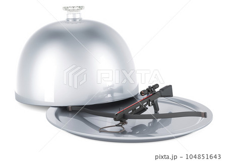 Restaurant cloche with hunting crossbow, 3D rendering Restaurant cloche with hunting crossbow, 3D rendering 104851643