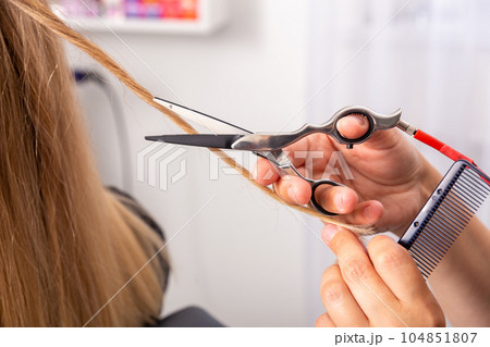 Professional hair stylist holding comb and hot thermal scissors cutting tips of long straight hair lock closeup. Professional hair stylist holding comb and hot thermal scissors cutting tips of long straight hair lock closeup. 104851807