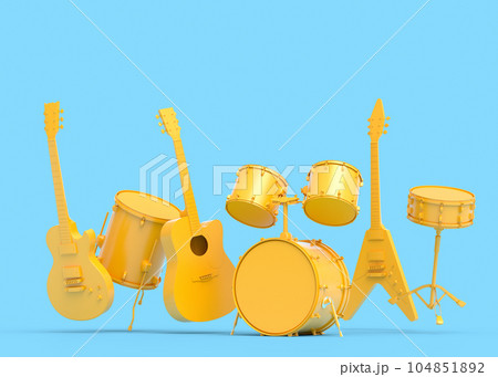 Set of electric acoustic guitars and drums with cymbals on blue background 104851892