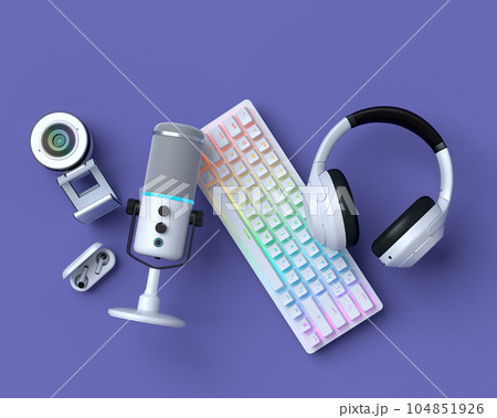 Top view gamer gears like joystick, keyboard, headphones and microphone Top view gamer gears like joystick, keyboard, headphones and microphone 104851926