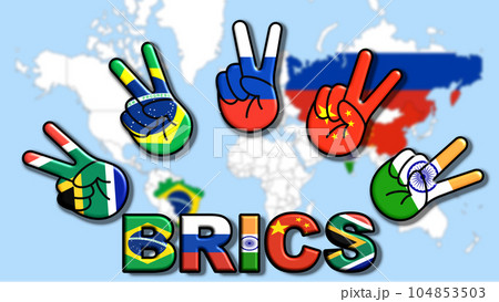 BRICS Brazil, Russia, India, China, and South Africa. Five stylized hands, with the flags of their respective countries, make the peace sign 104853503