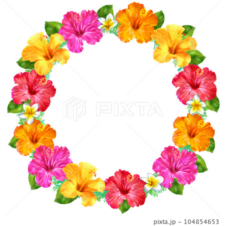 ハイビスカスとプルメリアのリース　円形フレーム 104854653