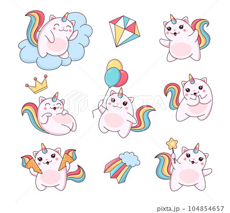 Cartoon cute caticorns, funny unicorn cats and kittens with rainbow tails, vector characters. Cheerful caticorns with princess crown, balloons or rainbow dream clouds and magic wand for kids design Cartoon cute caticorns, funny unicorn cats and kittens with rainbow tails, vector characters. Cheerful caticorns with princess crown, balloons or rainbow dream clouds and magic wand for kids design 104854657