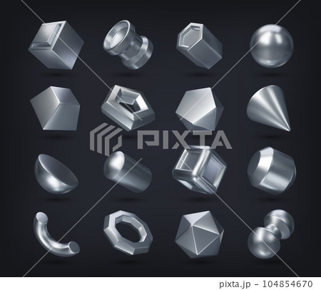 3d silver geometric shapes. Vector cube and cylinder, sphere and octahedron, cone, pyramid, parallelepiped. Square, hexagonal and pentagonal prisms, dodecahedron and icosahedron, hemisphere 104854670