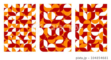 Abstract autumn modern geometric pattern background. Scandinavian circle grid, vector swatches with minimalistic geometry simple round shapes and figures in red, black and white fall palette colors 104854681