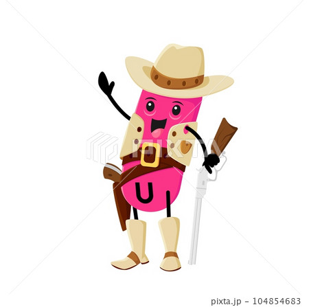 Cartoon vitamin U as Wild West ranger character in cowboy hat, vector Western sheriff. Funny vitamin U with gun, American ranger for kids mascot or multivitamin and diet supplement personage 104854683