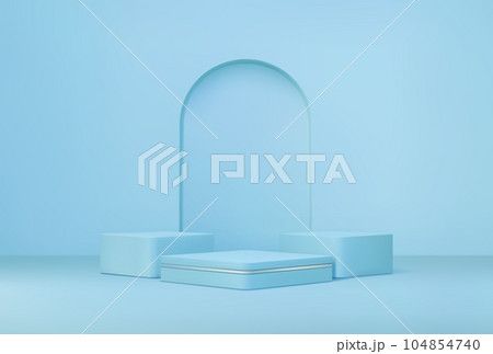Blue podium with arch, 3d realistic vector platform or pedestal mockup for cosmetic product presentations in minimalistic modern design. Professional showcase for marketing and branding events Blue podium with arch, 3d realistic vector platform or pedestal mockup for cosmetic product presentations in minimalistic modern design. Professional showcase for marketing and branding events 104854740