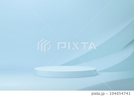 Blue round podium 3d realistic platform or pedestal mockup for products displaying. Vector studio background with circular low stand for cosmetics presentation. Sleek, modern, minimalist showcase 104854741