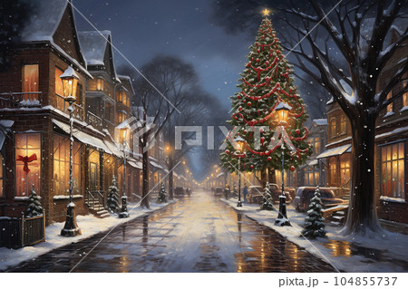 Street decorated for Christmas in a small European town. Street decorated for Christmas in a small European town. 104855737