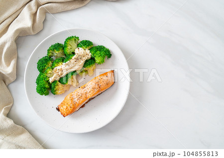 grilled salmon fillet steak with broccoli grilled salmon fillet steak with broccoli 104855813