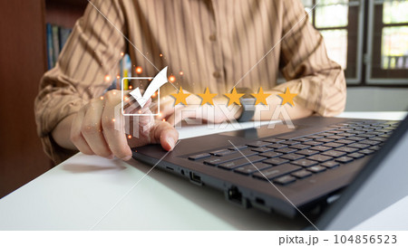 Satisfied customer experience concept, happy business customer using smartphone, the best review, High quality service, Most rated, the highest score, 5 stars, Social media very good. 104856523