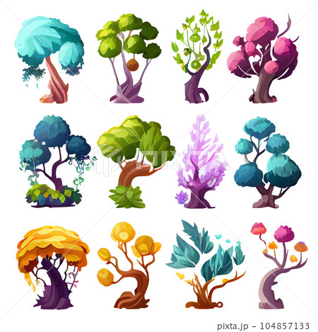 vector set illustration in cartoon style of magical mystical tree 104857133