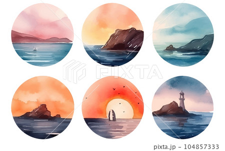 watercolor set vector illustration of beach sunset in a circle isolsated on white background watercolor set vector illustration of beach sunset in a circle isolsated on white background 104857333