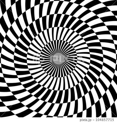 Radial optical illusion background. Black and white abstract lines surface in circles. Poster, banner, template design. Spinning spiral illusion wallpaper. Vector opt art illustration  104857715