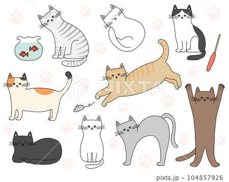 いろんなポーズをする猫の手描きイラストのイラスト素材 [104857926