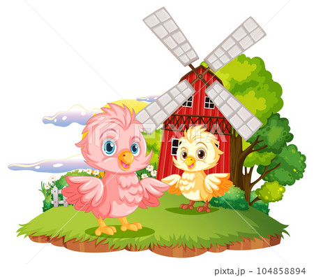 Cute Birds in the Farm with Windmill 104858894