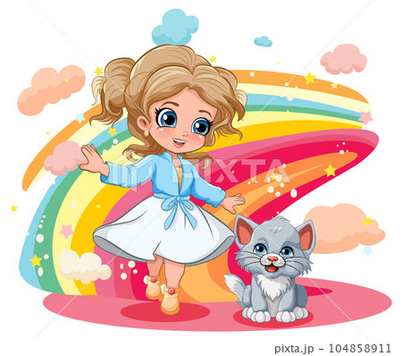 Cute Girl with Her Kitten in Cartoon Style Cute Girl with Her Kitten in Cartoon Style 104858911