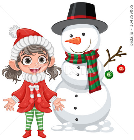 Happy girl with snowman 104859005