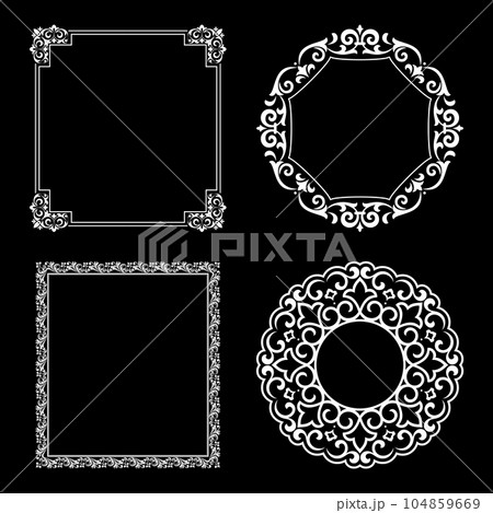 Set of decorative frames Elegant vector element for design in Eastern style, place for text. Floral black and white borders. Lace illustration for invitations and greeting cards. Set of decorative frames Elegant vector element for design in Eastern style, place for text. Floral black and white borders. Lace illustration for invitations and greeting cards. 104859669