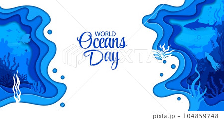 Sea underwater paper cut landscape with seaweeds and animal silhouettes. World oceans day 3d vector banner with mesmerizing papercut scene filled with depth, movement, plants and underwater beauty 104859748